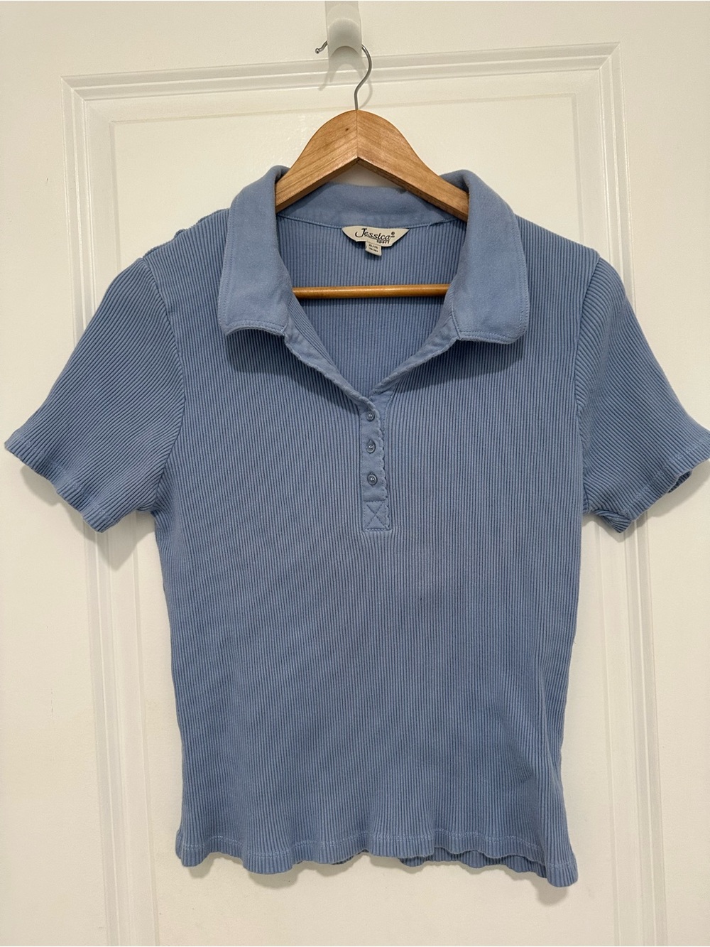 Vintage VTG Jessica Ribbed Polo Tee Dusty Blue 100% Cotton Fits Women’s Size M